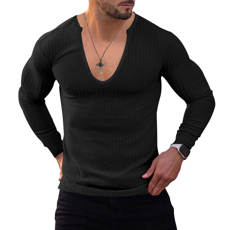 Herren Langarm-Henley-Shirt mit tiefem V-Ausschnitt und strukturiertem Gewebe Echoarchiv