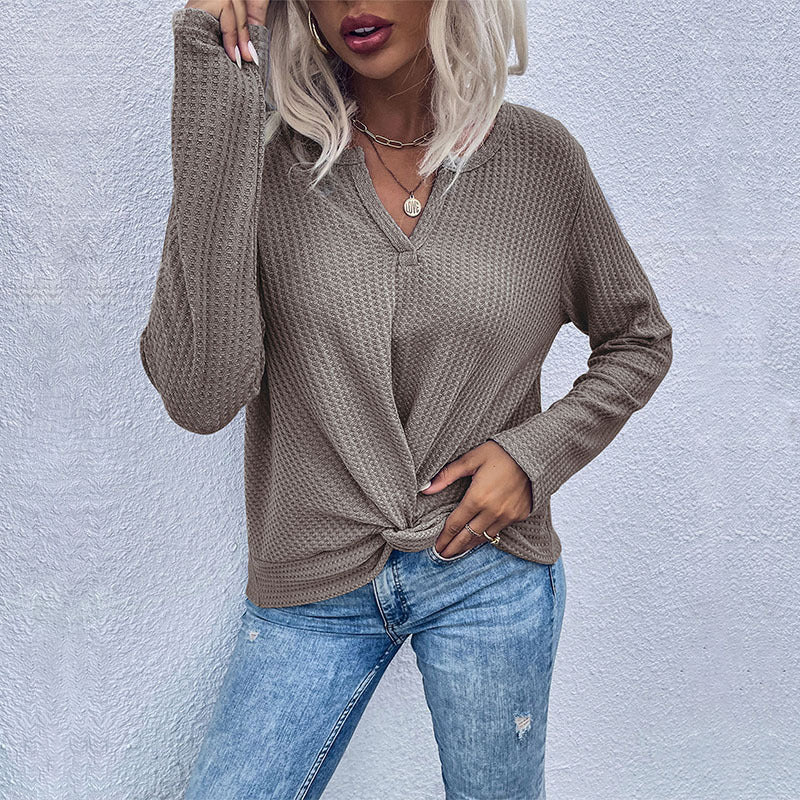 Damen Waffelstrick-Longsleeve mit V‑Ausschnitt und Knotenfront Echoarchiv