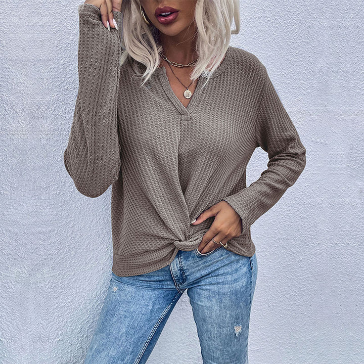 Damen Waffelstrick-Longsleeve mit V‑Ausschnitt und Knotenfront Echoarchiv
