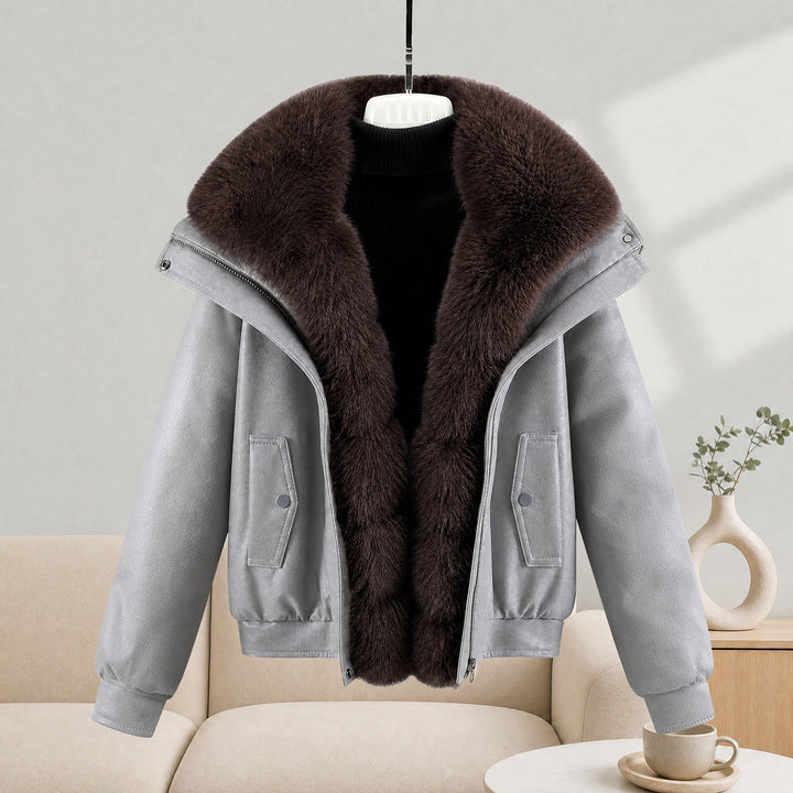 Damen nan kurze Lammfelloptik-Bomberjacke mit voluminösem Fellkragen und tailliertem Saum Echo Archiv