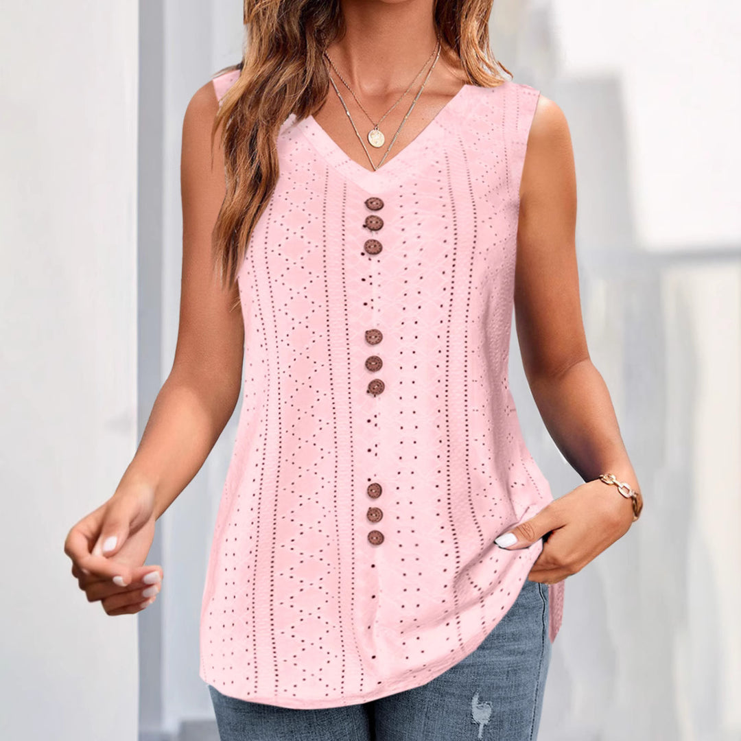 Damen nan ärmelloses Broderie-Anglaise-Top mit V-Ausschnitt und dekorativer Zierknopfleiste Echo Archiv