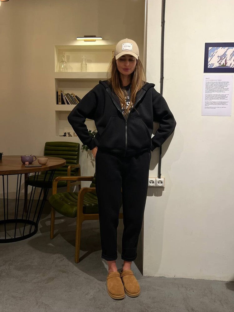 Damen lässiges Fleece-Zweiteiler mit Oversize-Kapuzenjacke und tapered Joggerhose – Auréline