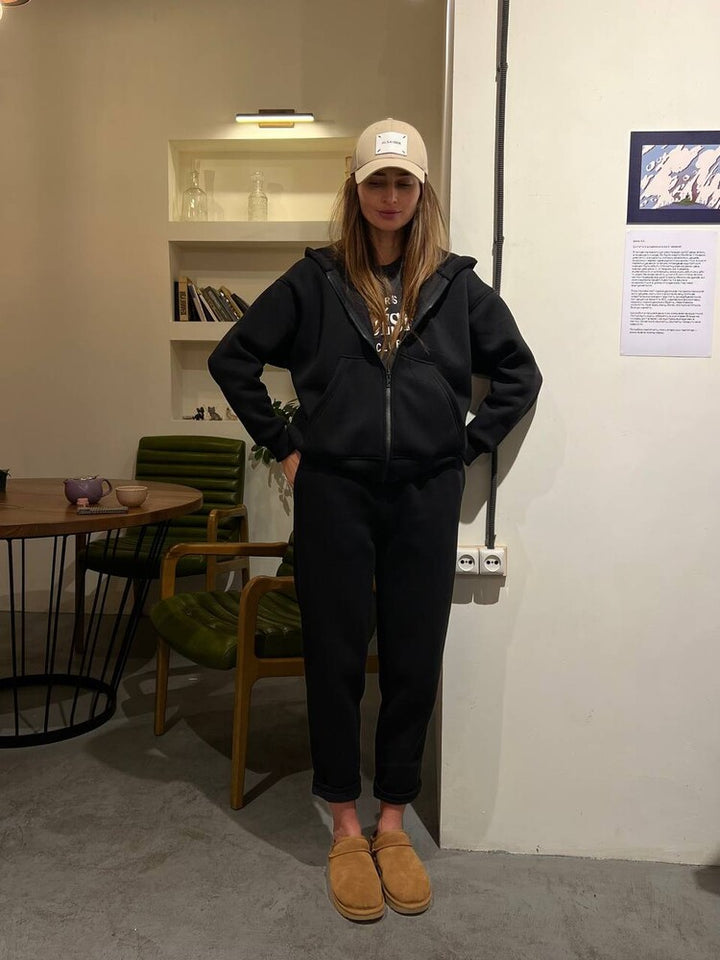 Damen lässiges Fleece-Zweiteiler mit Oversize-Kapuzenjacke und tapered Joggerhose – Auréline