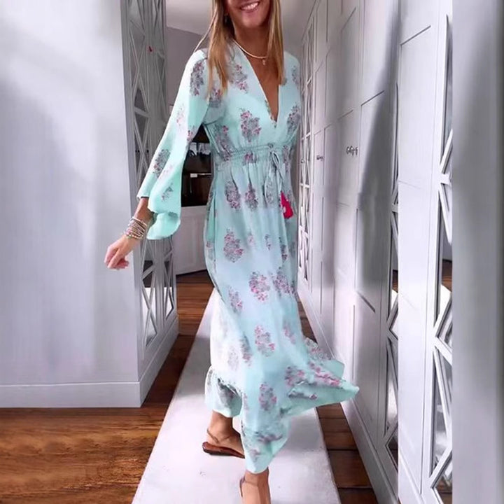 Damen nan luftig-fließendes Boho-Midikleid mit V-Ausschnitt, geraffter Smock-Taille, Kordelzug mit Quasten und asymmetrischem Volant-Saum Echo Archiv