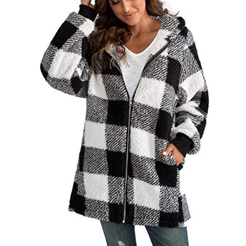 Damen Kariertes Teddy-Fleece-Mantel mit Kapuze und Reißverschluss Echo Archiv