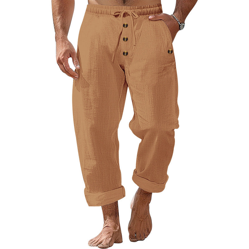 Herren nan lockere Leinen-Baumwoll-Hose mit elastischem Bund, Kordelzug und aufgekrempeltem Saum Echo Archiv
