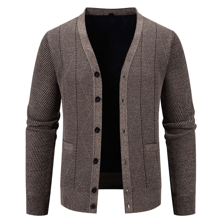 Herren Strukturierter Feinstrick-Cardigan mit Chevron‑Muster, V‑Ausschnitt und Eingrifftaschen Echo Archiv
