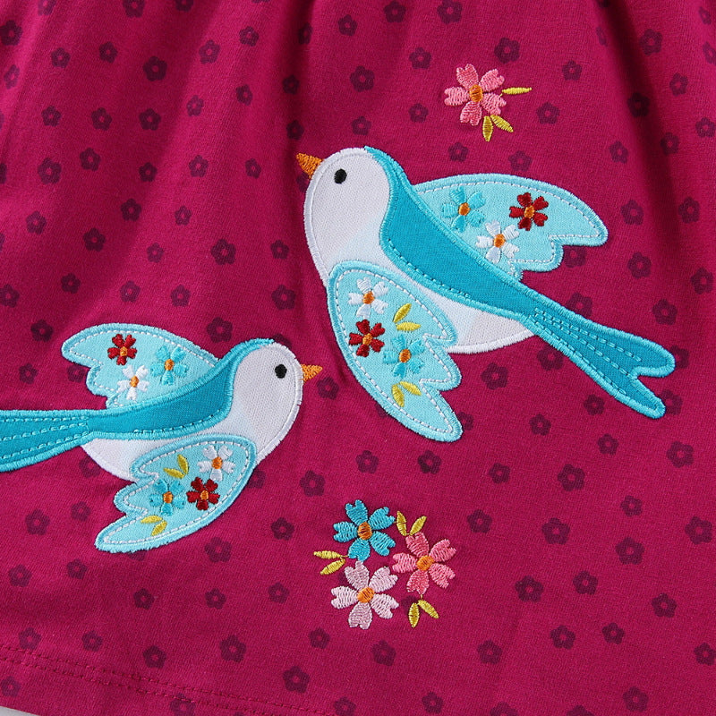 Mädchen Baumwollkleid mit süßen Vogel- und Blumenstickereien Echo Archiv