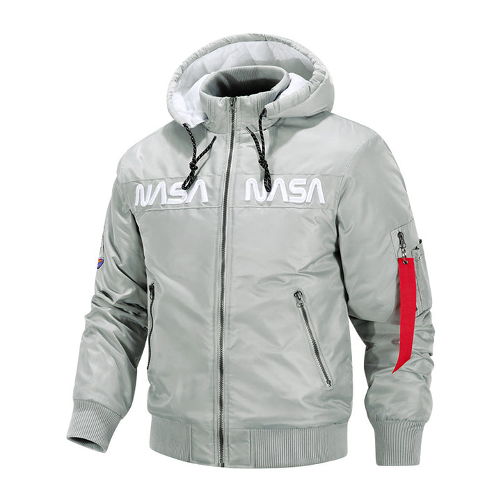 Herren  Kapuzen glänzende Mikroschalen Astronaut-inspirierte Bomberjacke mit gesteppter thermischer Fütterung und Ärmeltasche Echo Archiv