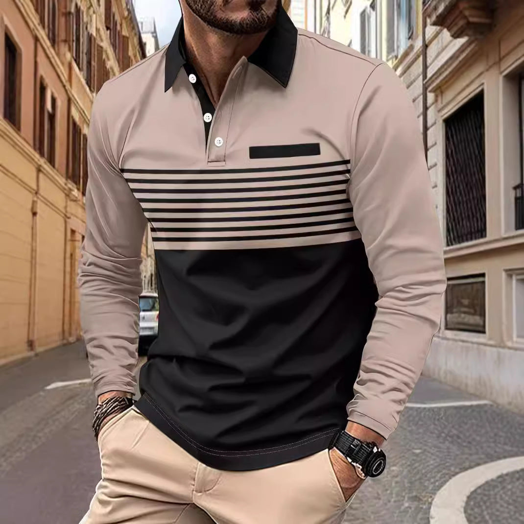 Herren nan langärmliges Poloshirt mit kontrastierendem Hemdkragen, dezenter Brustpaspel und feinem Streifenrelief Echo Archiv