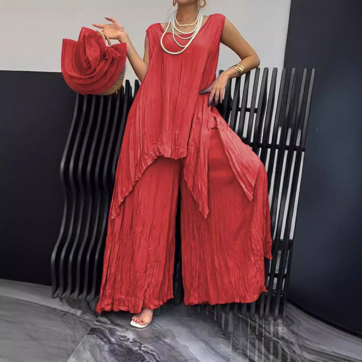 Damen nan luftiger Knitteroptik-Zweiteiler mit ärmelloser Tunika und weiter Palazzo-Hose Echo Archiv