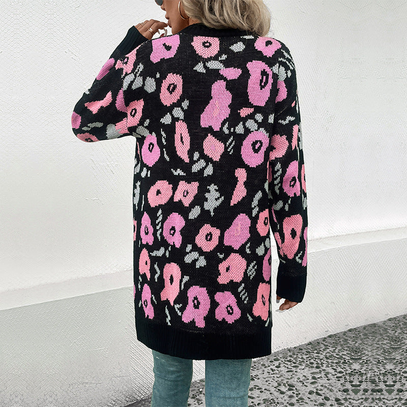 Damen Langer Strickcardigan mit Oversize-Schnitt, Animal-Jacquard und gerippten Bündchen Echoarchiv