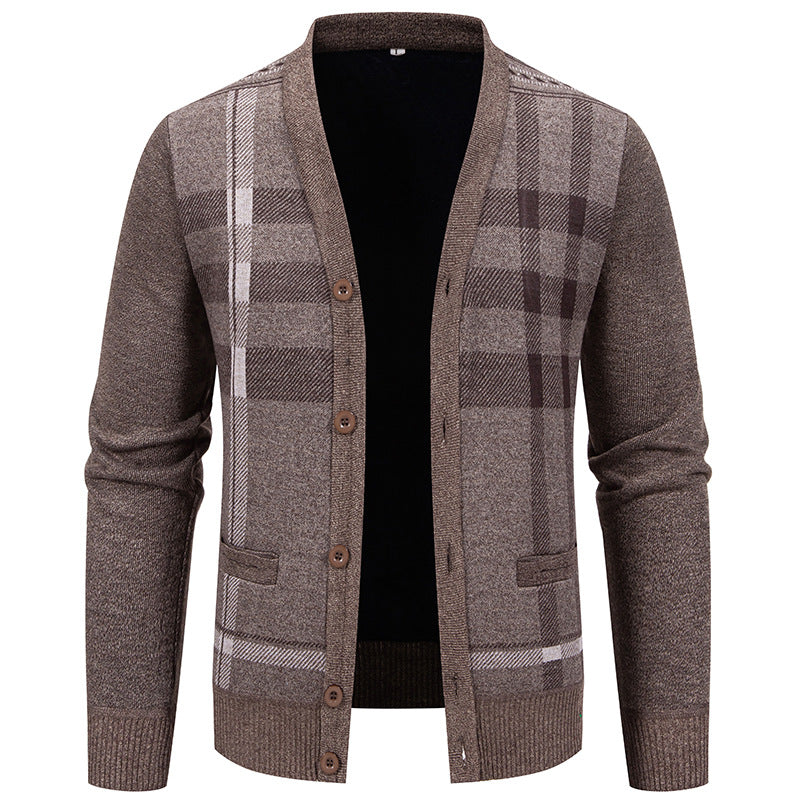 Herren stilvolle Strickjacke mit modernem Karomuster und praktischen Taschen Echoarchiv
