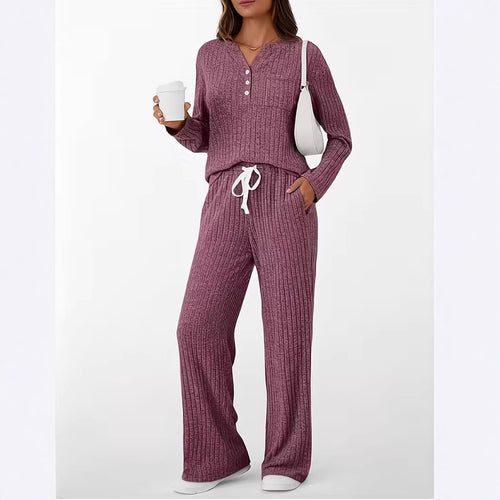 Damen Geripptes Entspannungs-Set mit Henley-Oberteil und weiter Kordelhose Echo Archiv