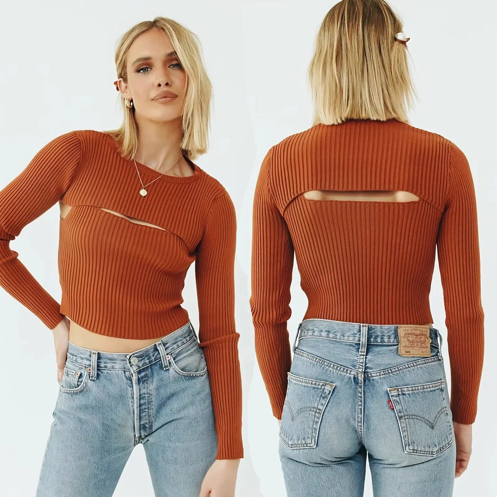 Damen Kurz geschnittenes Rippstrick-Top mit asymmetrischen Cut-Outs und Rundhalsausschnitt Echo Archiv