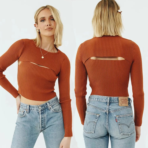Damen Kurz geschnittenes Rippstrick-Top mit asymmetrischen Cut-Outs und Rundhalsausschnitt Echo Archiv