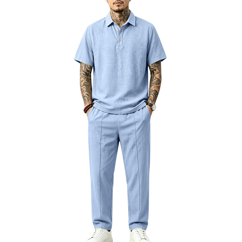 Herren Polo-Lounge-Set aus leichter Leinenmischung mit Kurzarm-Polo und gerader Bundfaltenhose Echoarchiv