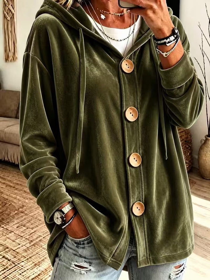 Damen Oversize Kapuzen-Samtjacke mit großen Holzknöpfen und weichem Veloursfutter Echoarchiv