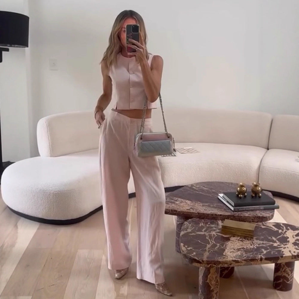 Damen Hochtaillierte weite Sommerhose mit Bügelfalte und Eingrifftaschen Echoarchiv