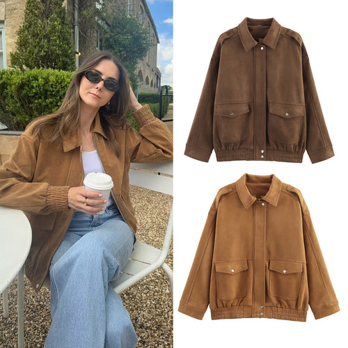 Damen Oversize Velours-Optik Jacke mit Pattentaschen, Druckknopffront und elastischem Saum Echo Archiv