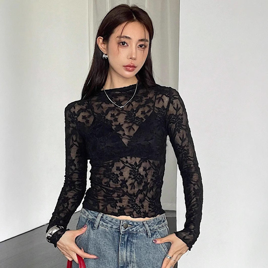 Damen nan eng anliegendes Spitzen-Langarmshirt mit floraler Ajour-Spitze, leicht transparent und Stehkragen Echo Archiv
