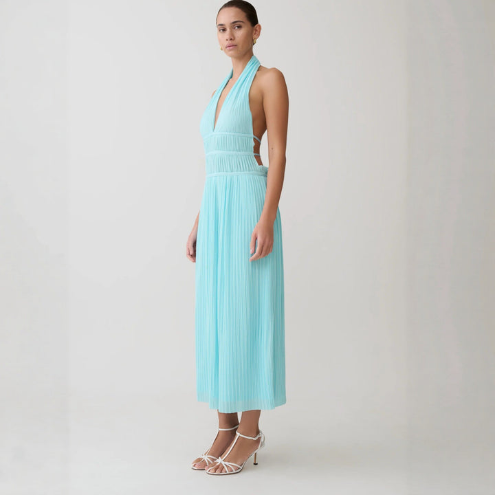 Damen Fließendes Maxikleid mit tiefem V-Ausschnitt und Plisseedetails Echo Archiv