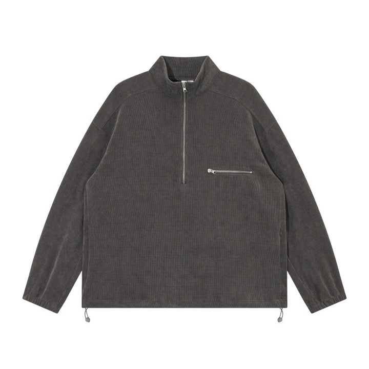Unisex Oversize Halbzip-Pullover aus Cord‑Mix mit Brust-Reißverschlusstasche und Kordelzugsaum Echoarchiv