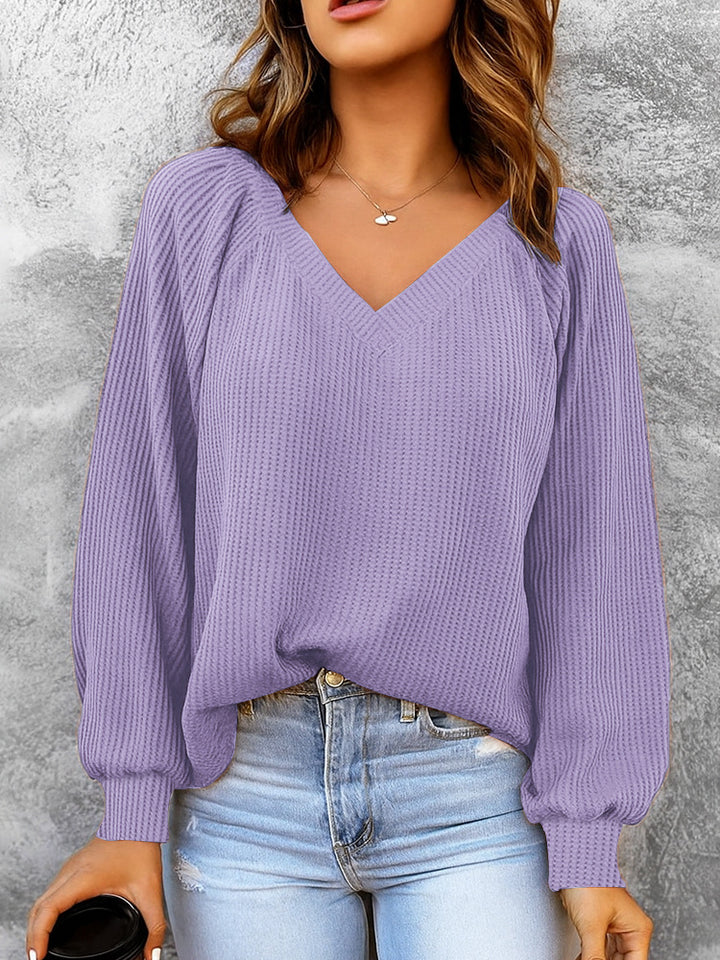 Damen Feinstruktur-Strickpullover mit V-Ausschnitt, Ballonärmeln und Rippbündchen – Mavelle