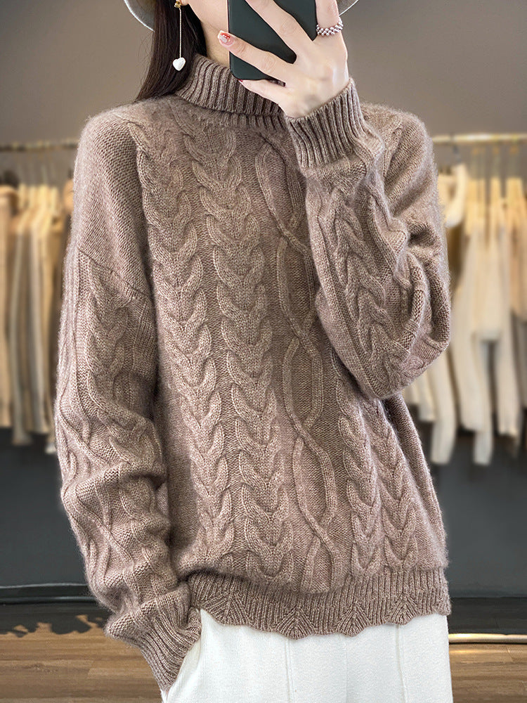Damen Oversize-Zopfmuster-Pullover mit Mohair-Optik und gerippten Bündchen Echoarchiv