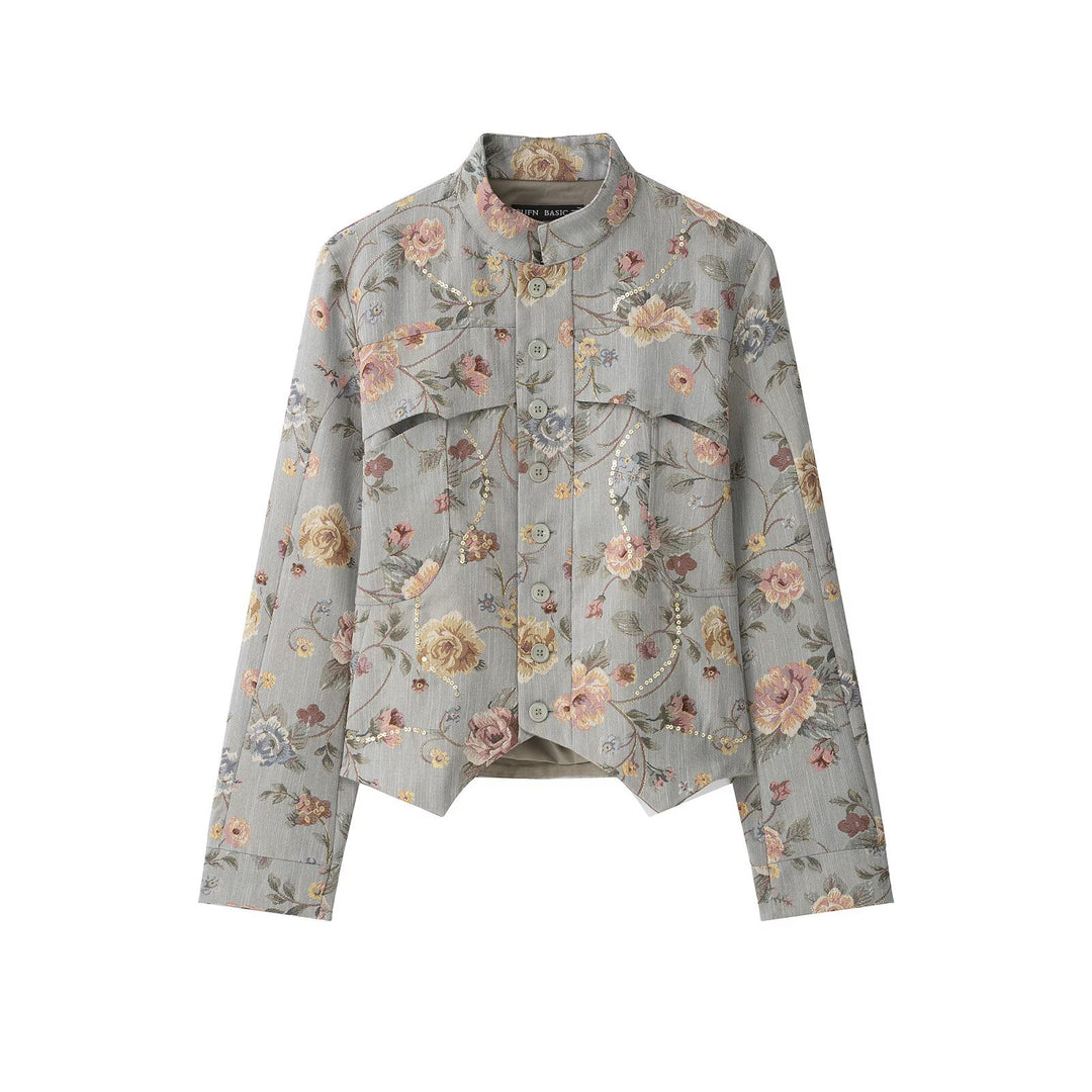 Damen Kurzjacke im Jacquard‑Blütenmuster mit Stehkragen und Zierknopfleiste Echo Archiv