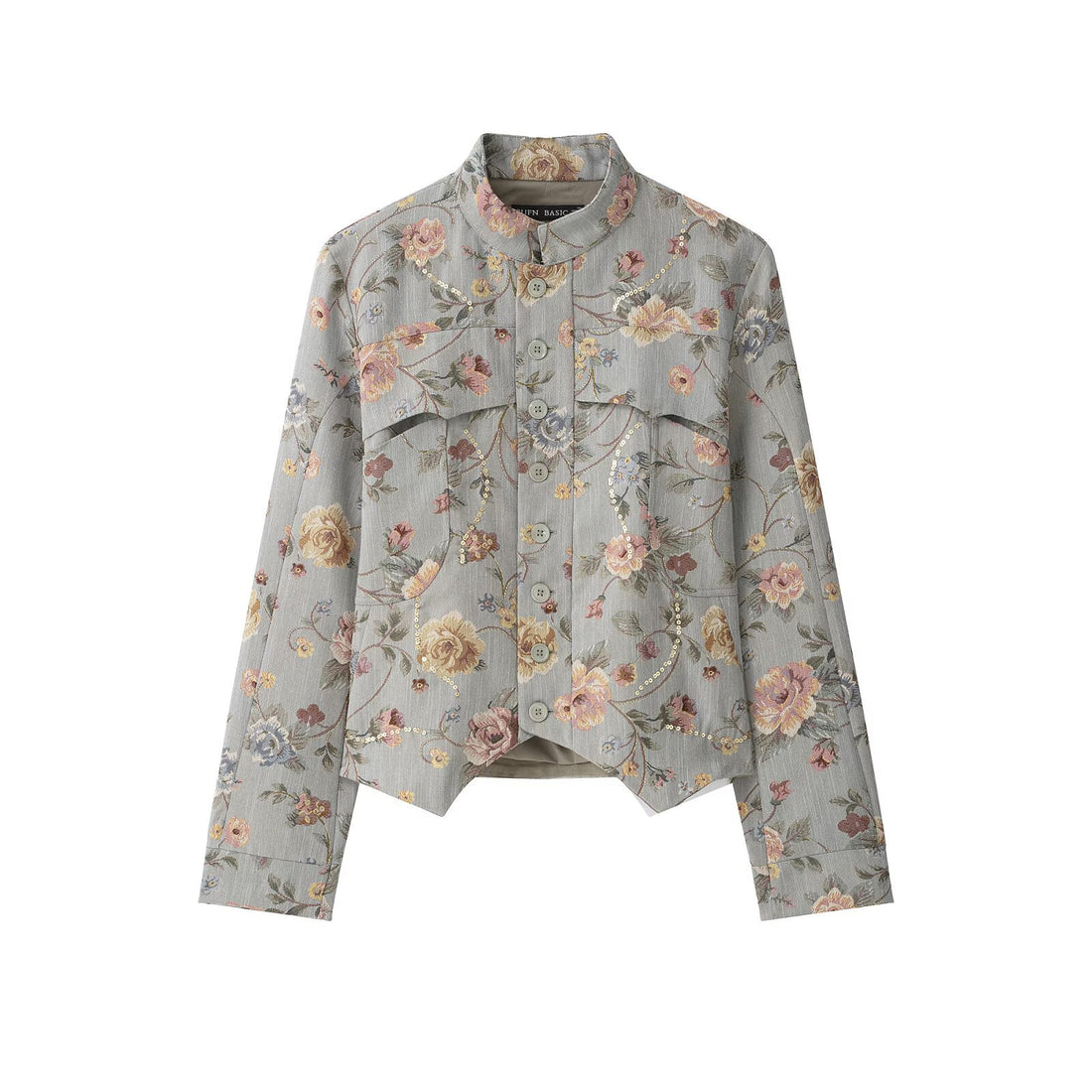 Damen Kurzjacke im Jacquard‑Blütenmuster mit Stehkragen und Zierknopfleiste Echo Archiv