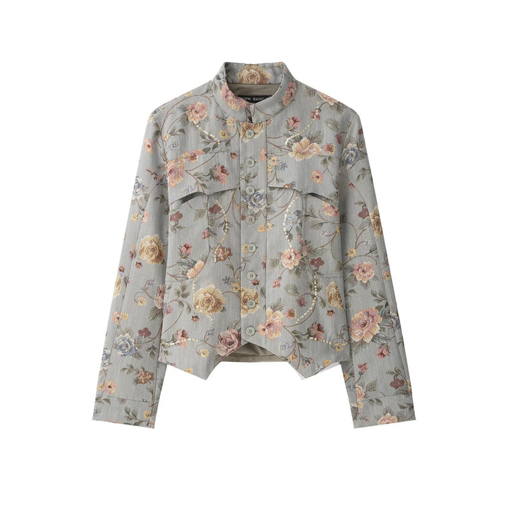 Damen Kurzjacke im Jacquard‑Blütenmuster mit Stehkragen und Zierknopfleiste Echo Archiv