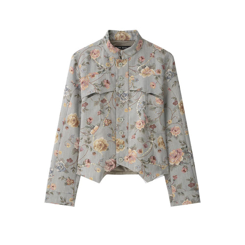 Damen Kurzjacke im Jacquard‑Blütenmuster mit Stehkragen und Zierknopfleiste Echo Archiv