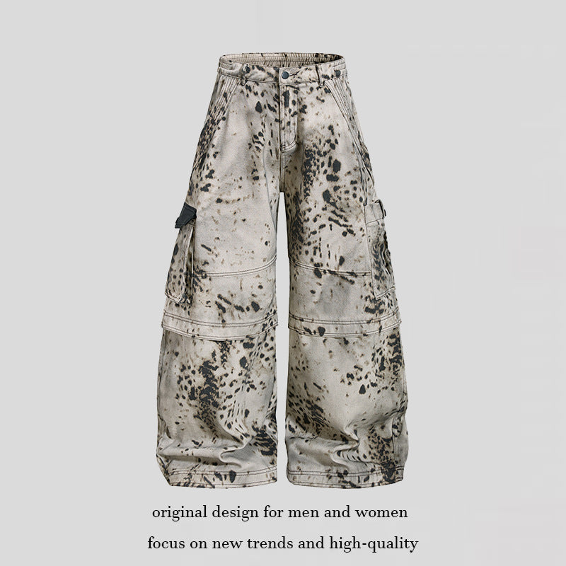 Damen weite Cargo-Culotte-Hose mit Batik-Splatterprint und Multi-Taschen Echoarchiv