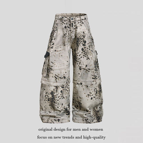 Damen weite Cargo-Culotte-Hose mit Batik-Splatterprint und Multi-Taschen Echoarchiv