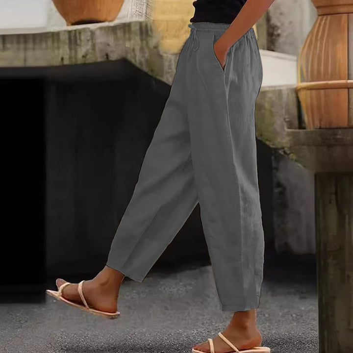 Damen Leinen-Mischung Cropped-Hose mit elastischem Bund, Kordelzug und Seitentaschen Echo Archiv