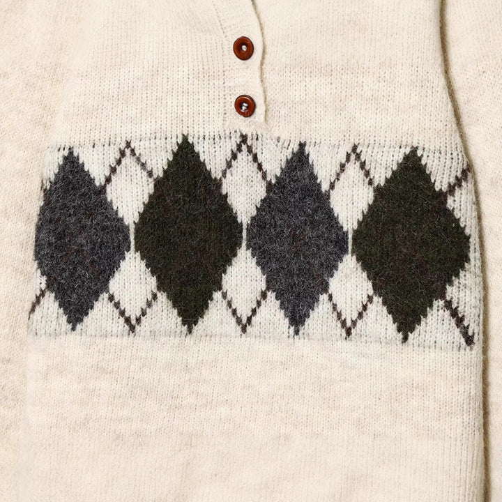 Damen Grobgestrickter Pullover mit Polokragen, Drei‑Knopf‑Blende und Rautenmuster Echoarchiv