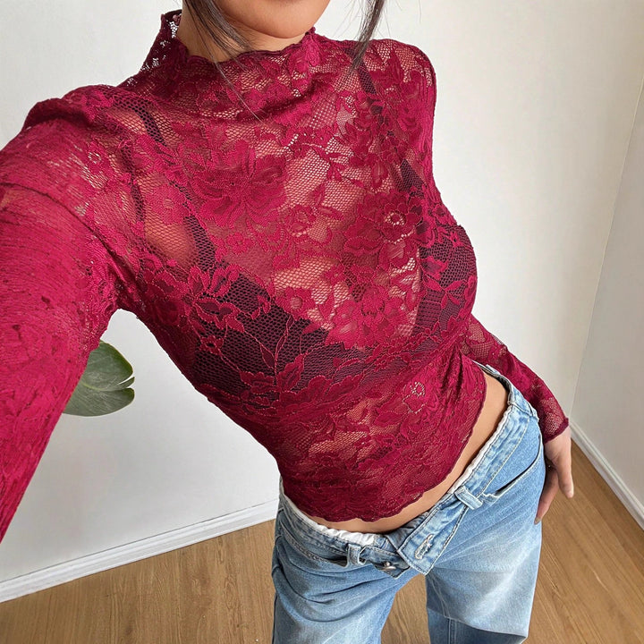 Damen nan figurbetontes transparentes Spitzen-Crop-Top mit hochgeschlossenem Kragen und integrierter Bustier-Form Echo Archiv