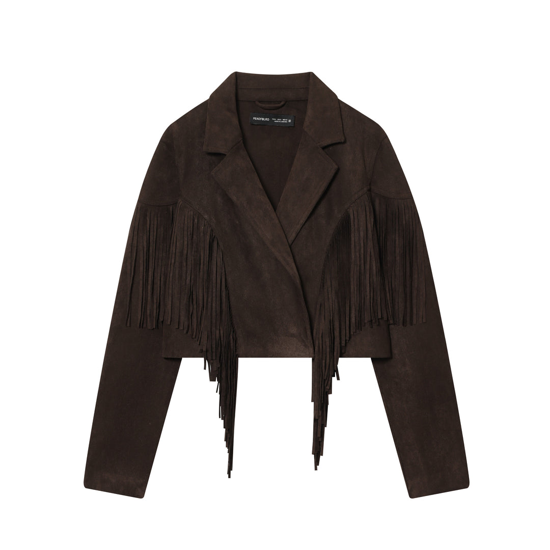 Damen kurze Wildlederjacke mit Reverskragen, kastigem Cropped‑Schnitt und dekorativen Fransen – Célinea