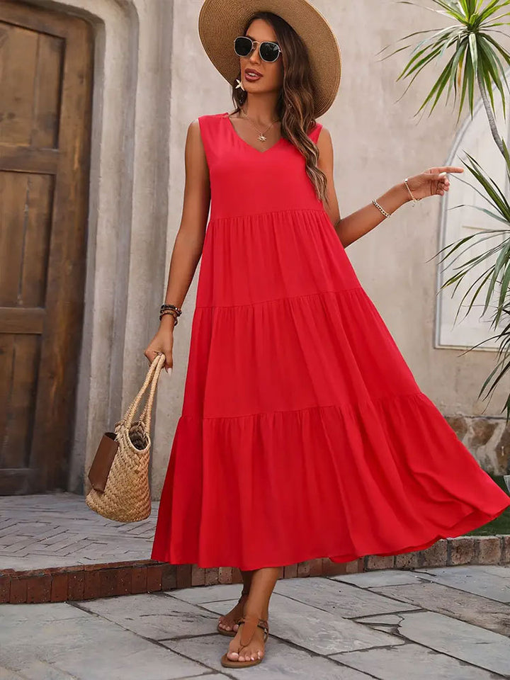 Damen Elegantes Sommer-Maxi-Kleid mit voluminösem Rock und V-Ausschnitt Echo Archiv