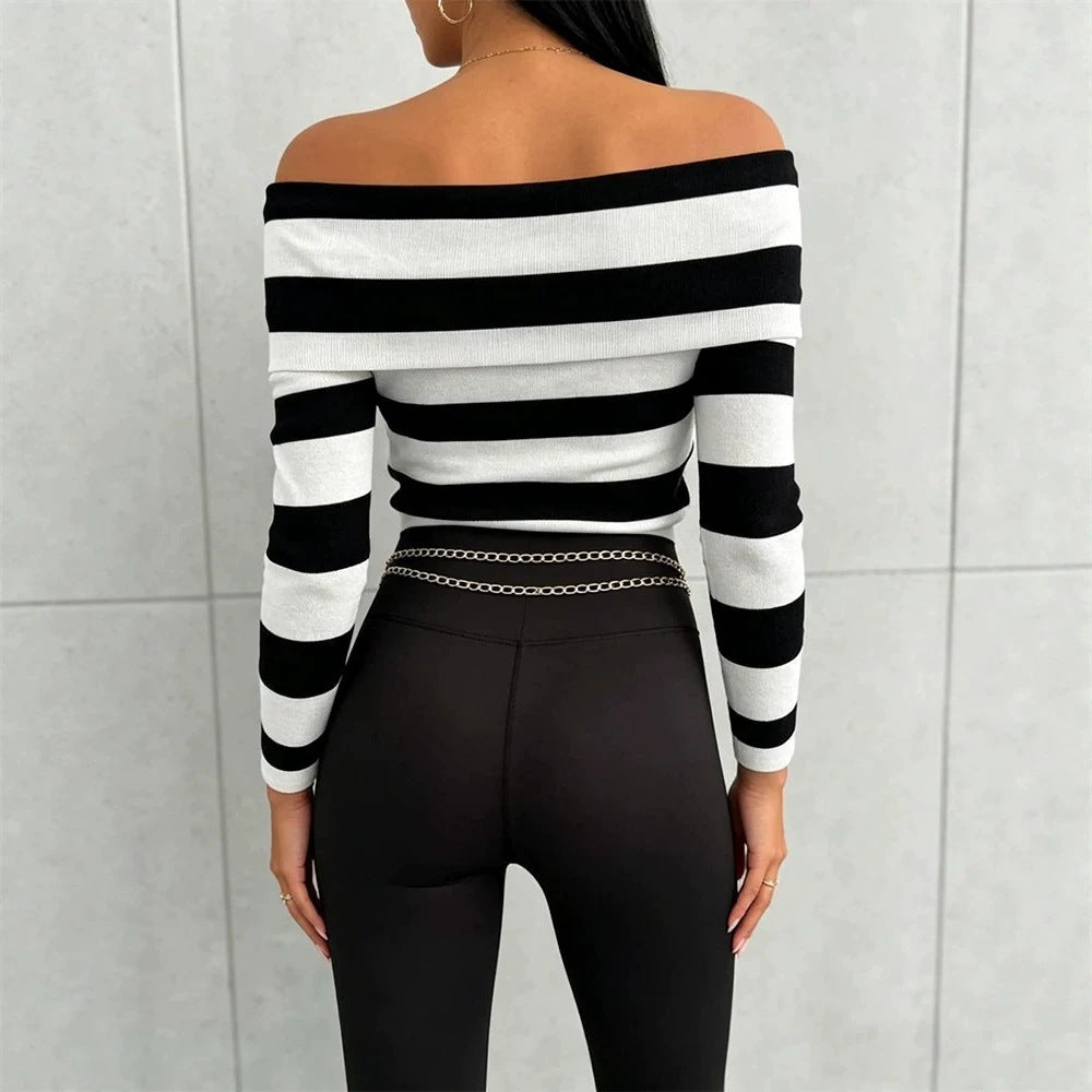 Damen Lässiges gestreiftes Oberteil im Off-Shoulder-Stil Echo Archiv