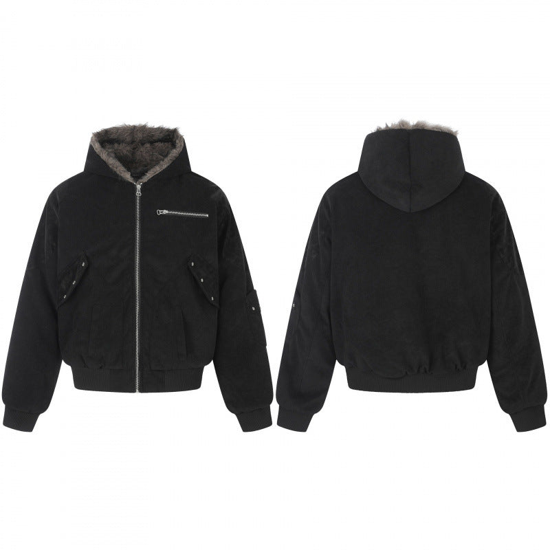 Unisex Oversize-gefütterte Kapuzen-Blousonjacke aus Velourslederimitat mit Teddyfutter Echo Archiv