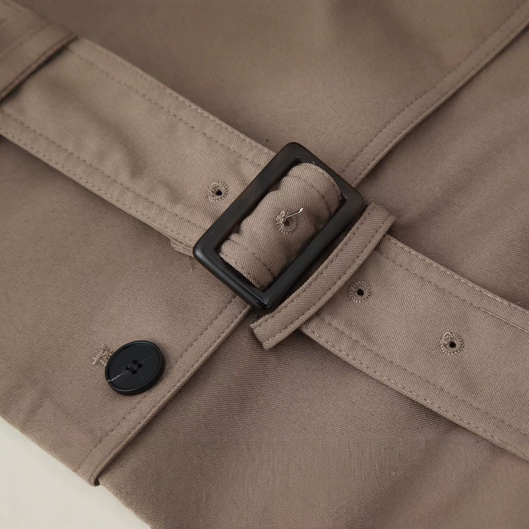 Damen Kurzer doppeltreihiger Trenchcoat mit Stehkragen und Taillengürtel Echo Archiv