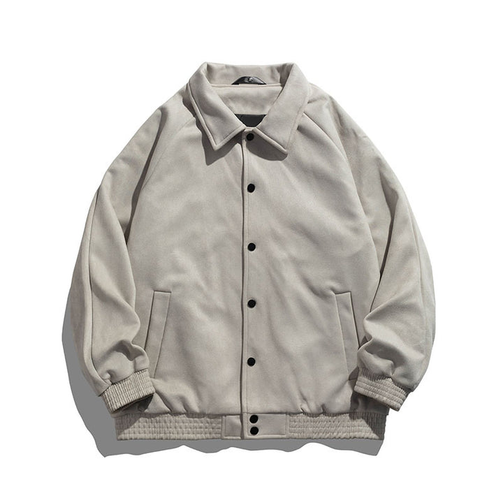 Unisex oversized suede-effect bomber jacket with ribbed hem and snap front – Brevano