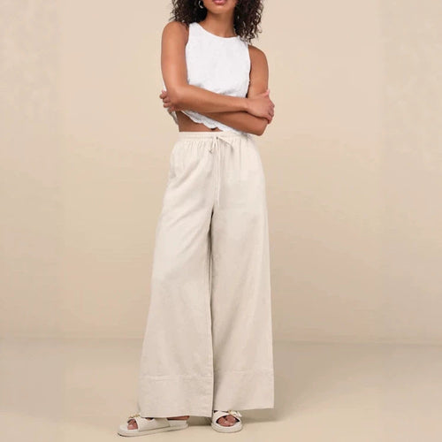 Damen Weite Leinenhose mit elastischem Bund und seitlichen Taschen Echoarchiv