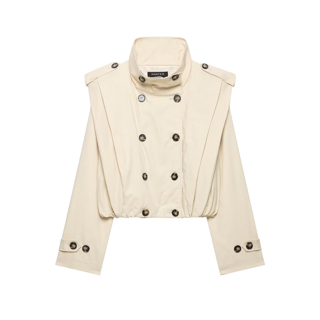 Damen Cropped Trenchjacke im Cape-Look mit doppelreihiger Knopfleiste und hohem Stehkragen Echoarchiv