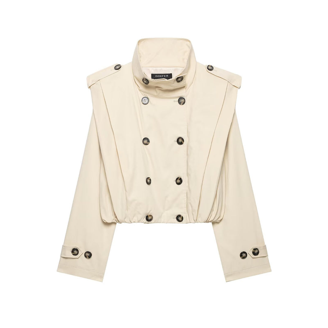 Damen Cropped Trenchjacke im Cape-Look mit doppelreihiger Knopfleiste und hohem Stehkragen Echoarchiv