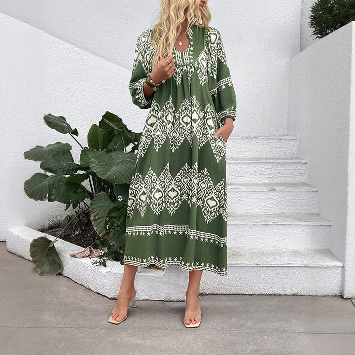 Damen Langes Boho‑Maxikleid mit lockerer A‑Linie, U‑Ausschnitt und aufgesetzten Taschen Echoarchiv