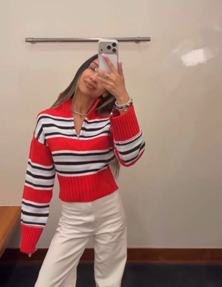 Damen Cropped Strickpullover mit halbem Reißverschluss, Stehkragen und Ballonärmeln Echo Archiv