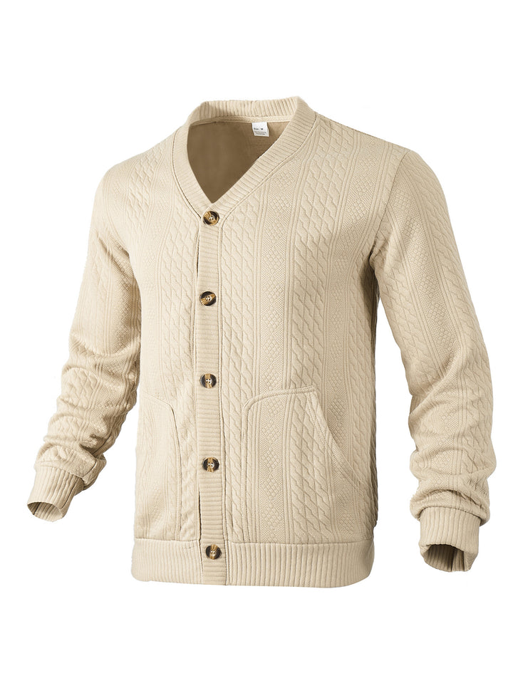 Herren nan eleganter Zopfstrickcardigan mit V-Ausschnitt Knopfleiste und aufgesetzten Taschen Echo Archiv